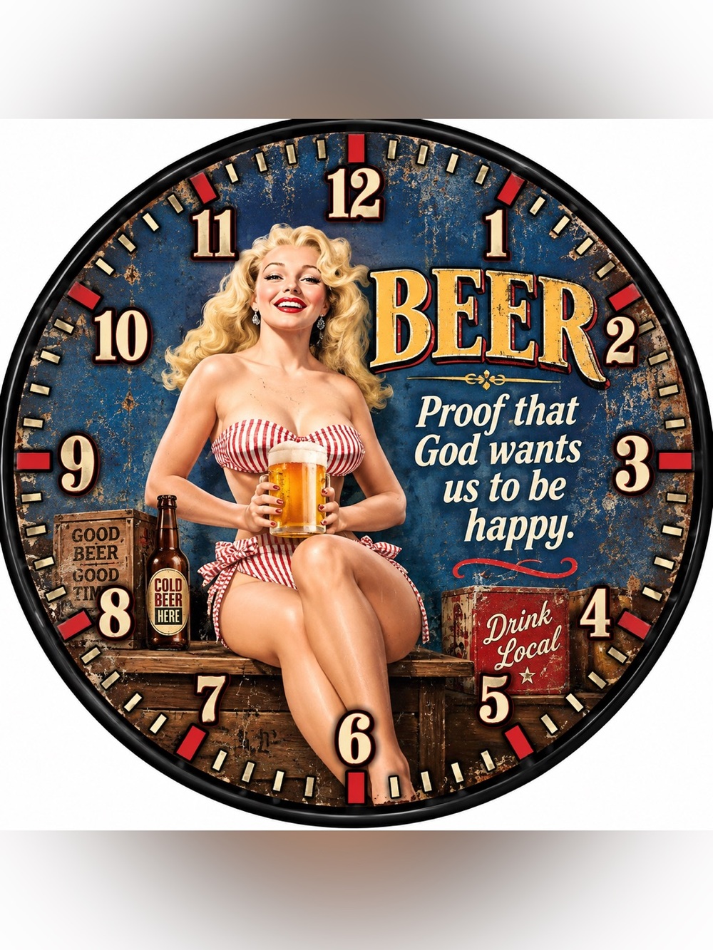 Vintage Style Blue Beer Wall Clock - Pinup Girl Design